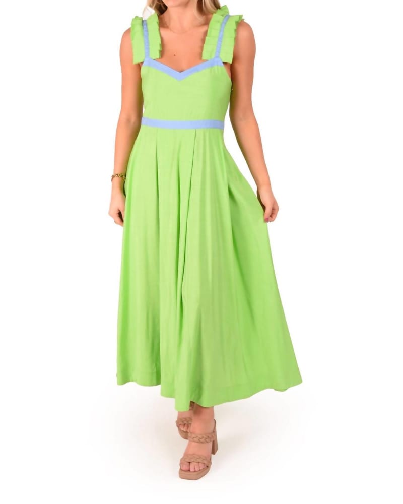 Front of a model wearing a size LARGE Empire Maxi Dress in Garden Green in Garden Green by Emily McCarthy. | dia_product_style_image_id:335072